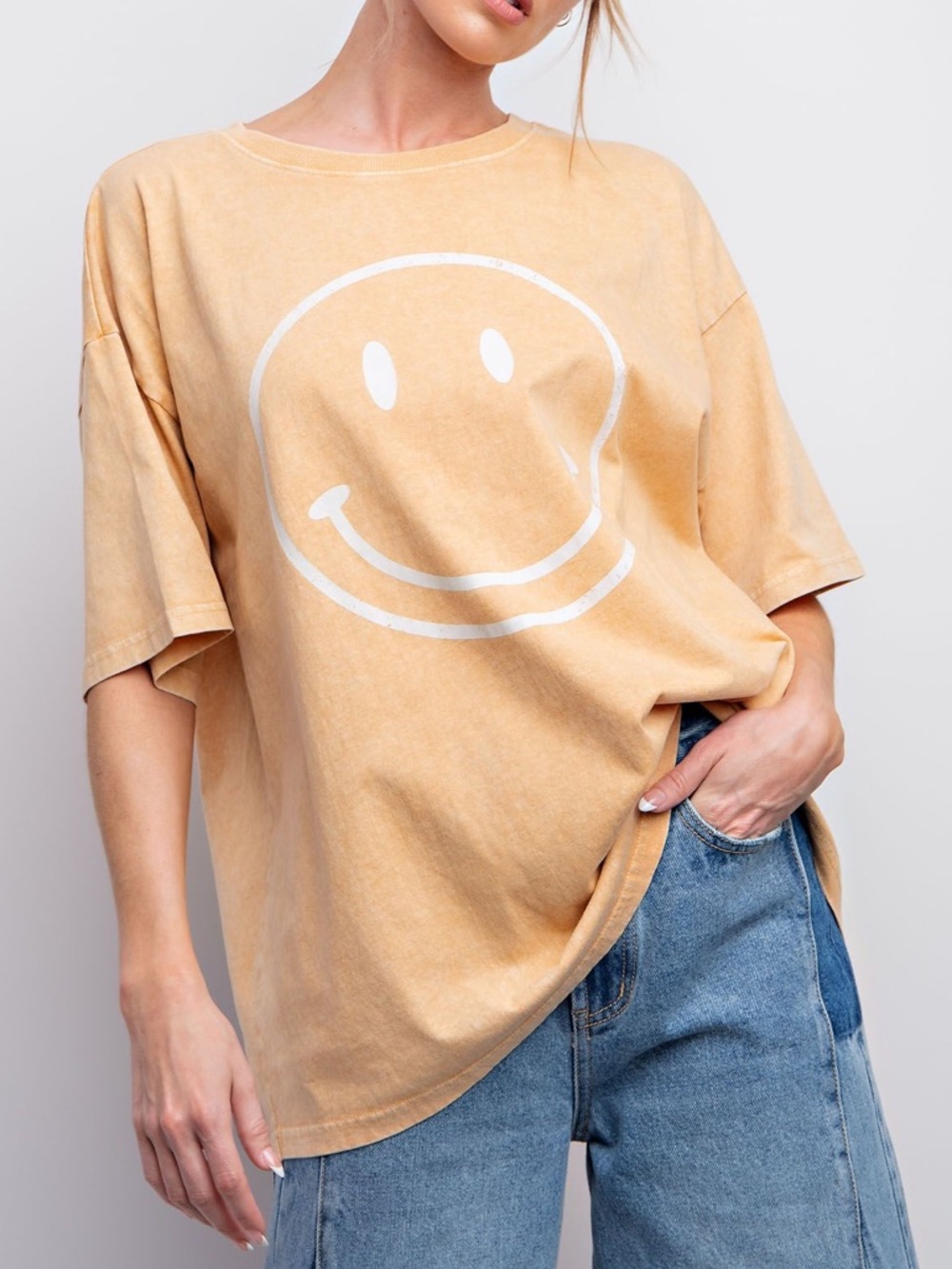 NWT EASEL Bohemian Retro Mineral Washed Smiley Face Tee Shirt S M L